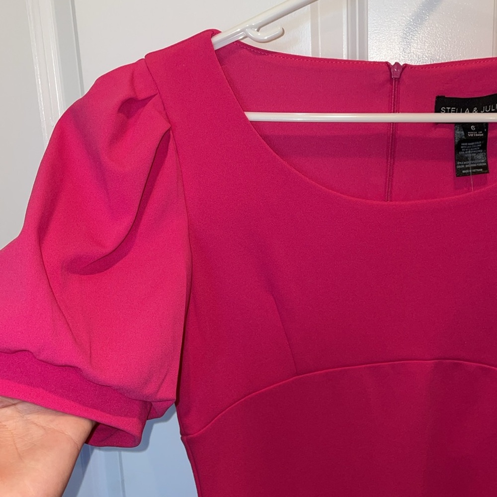 hot pink puff sleeve midi dress - Picture 4 of 8